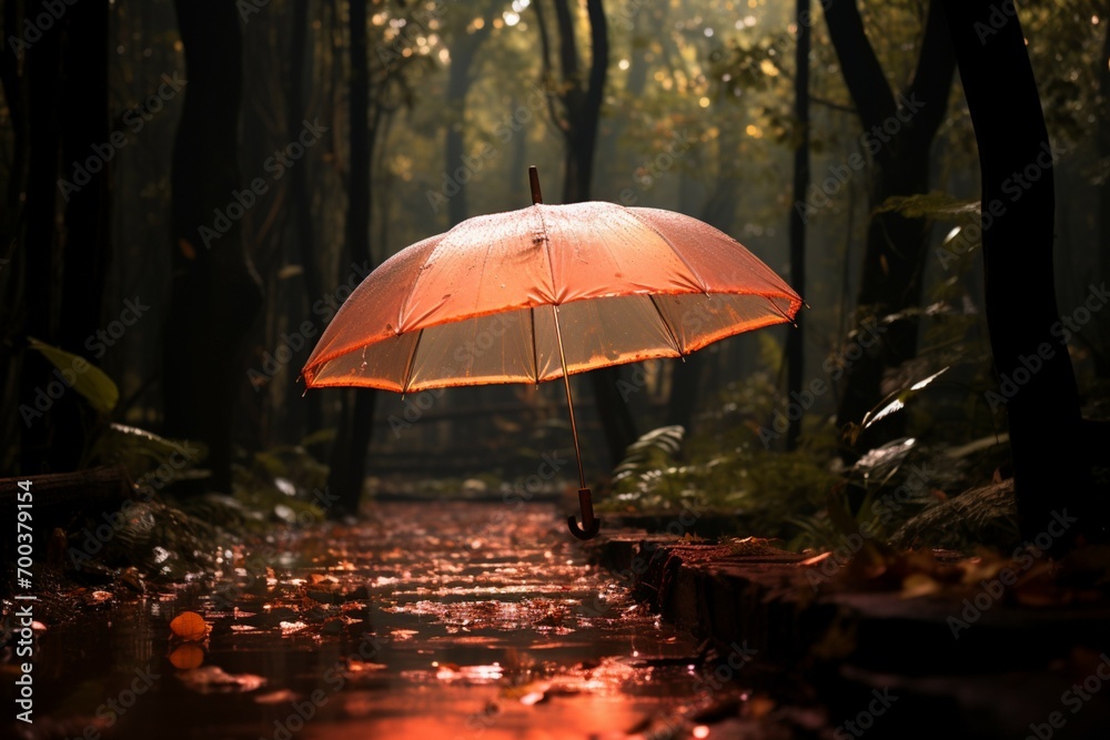 Misty enchantment, a light umbrella adds a soft glow to woods