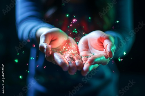 Close up magic, hands hold a jar with cool lights