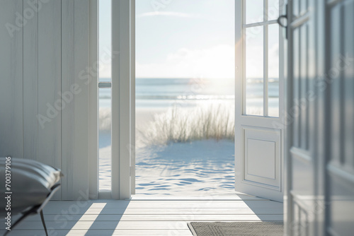 door to beach with sun shining