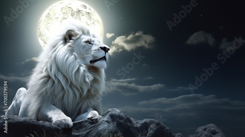 White lion in moon light. manipulation of lion on rock in night landscape. AI Generative photo