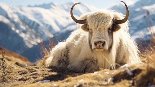 Hairy cattle cow wild animal in nature. Sunny winter day, yak face, wildlife concept. AI Generative