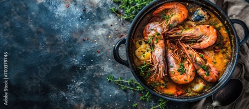 Creole Cajun stew with fish and seafood in a pot, viewed from above with empty space on the right.