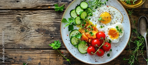 Top view of a wooden table with a white breakfast plate, cherry tomatoes, cucumber, and boiled egg. photo