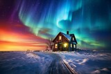 a house in a snowy field with colorful lights in the sky above, under a green and blue sky. Generative AI