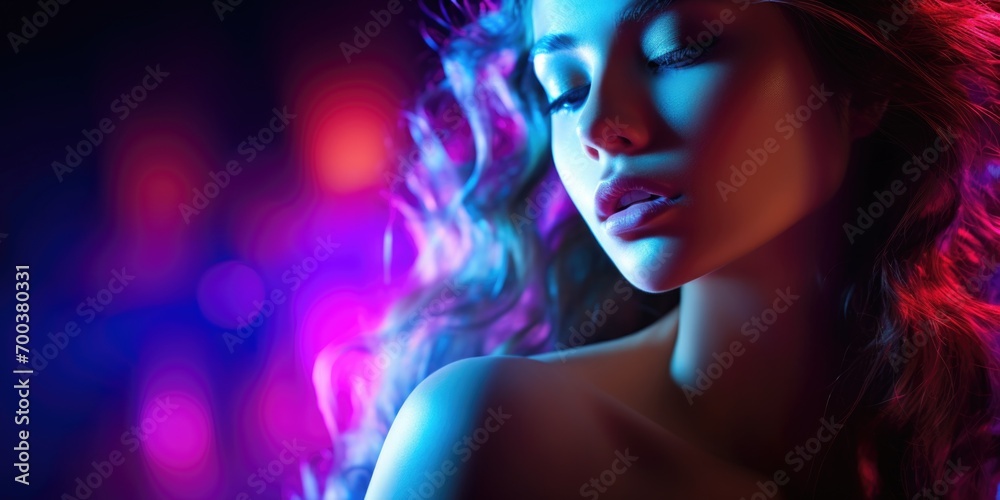 A woman with long hair in a dark room. Striking beauty on a dark neon canvas, bathed in counterlight.