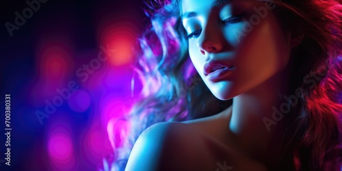 A woman with long hair in a dark room. Striking beauty on a dark neon canvas, bathed in counterlight.