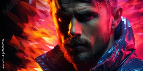 A close up of a man in a shiny jacket, powerful male character portrait on vibrant red flaming backround.