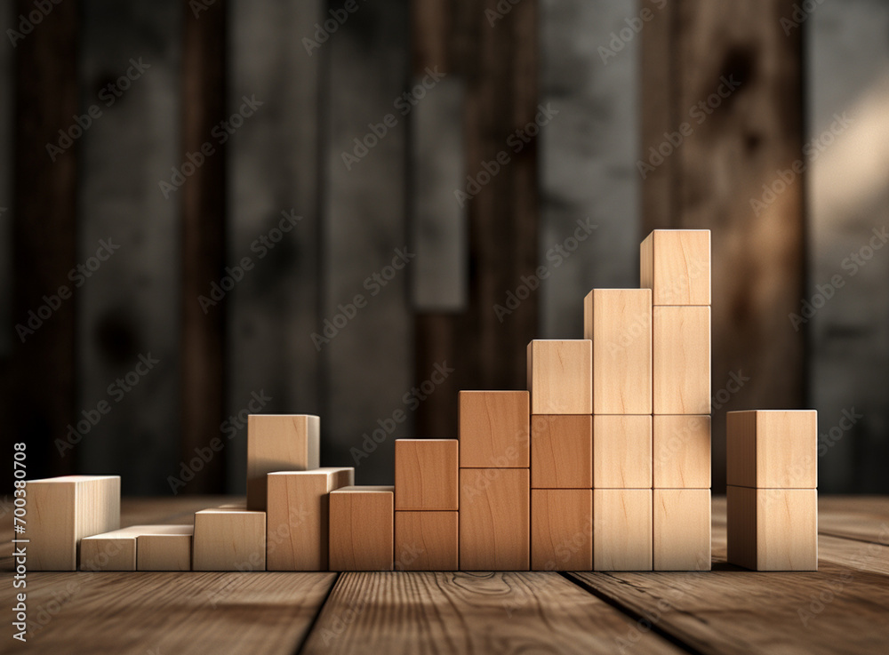 Visualize financial growth with wooden blocks forming an increasing graph bar, an infographic symbolizing concepts like interest rate increase and inflation. Generative AI. Visualize financial growth with wooden blocks forming an increasing graph bar, an infographic symbolizing concepts like interest rate increase and inflation. Generative AI.