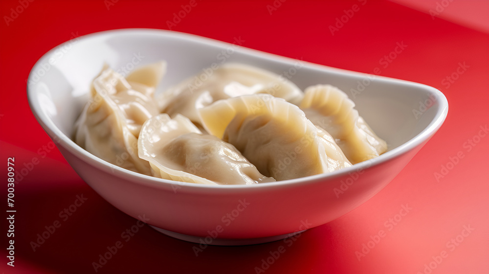 Dumplings in a white bowl on a red background Dumplings in a white bowl on a red background