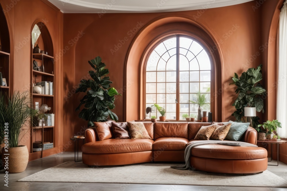 Interior home design of modern living room with synthetic leather sofa, bookshelf and decoration in apartment room Interior home design of modern living room with synthetic leather sofa, bookshelf and decoration in apartment room