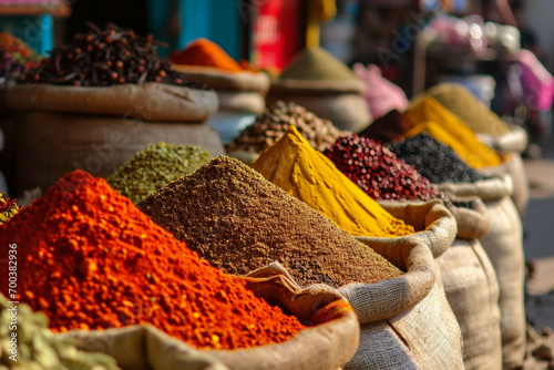 Colorful and exotic spice market in Marrakech in Morocco, a vibrant and unique summer travel background, with bright spices photo