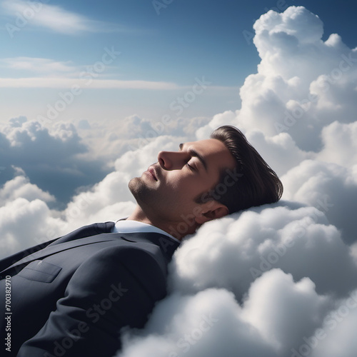 A Business Man In A Suit Sleeps On Soft Comfortable Clouds, Illustration