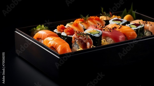 Delicious box of fresh sushi. Assorted rolls and sashimi. A taste of Japan in every bite. Commercial advertisement menu banner with copy space area