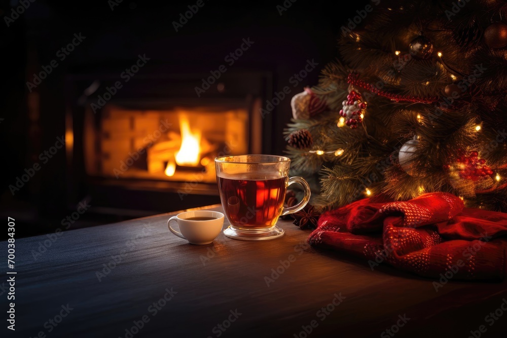 A cup of hot tea against the background of a fireplace. Cup made of transparent glass.