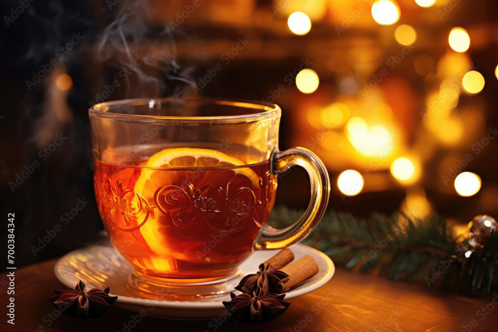 A cup of hot tea against the background of a fireplace. Cup made of transparent glass. A cup of hot tea against the background of a fireplace. Cup made of transparent glass.