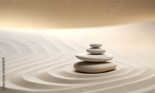 Zen stones stack on raked sand in a minimalist setting for balance and harmony. Balance  harmony  and peace of mind  wellness  meditation  and spirituality concept