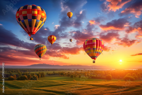 Colorful hot air balloons over blooming field meadow at sunset
