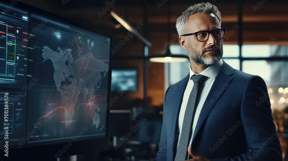 Global finance director in front of the screen at the office Global finance director in front of the screen at the office