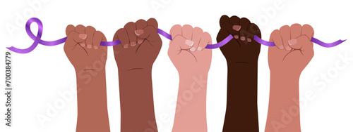 Diverse hands hold a purple ribbon. Vector flat illustration.