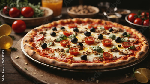 pizza on a table , pizza with tomatoes and black olives and herbs 