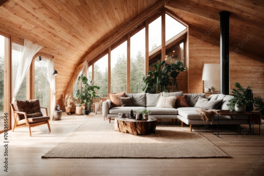 Fototapeta premium Attic interior wooden house design of modern living room wooden chairs and tables with forest views