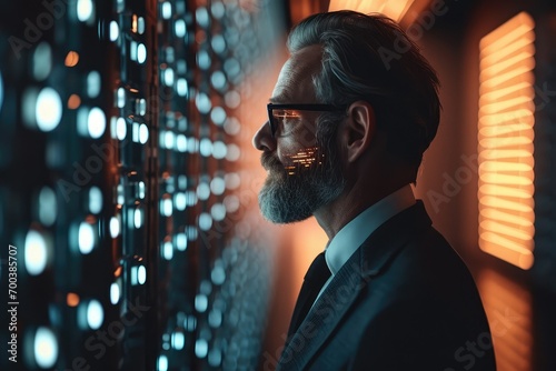 A businessman in a secure data archive, using a retina scan to access historical records, the screen verifying his identity and granting him entry to a vault of invaluable digital assets. photo