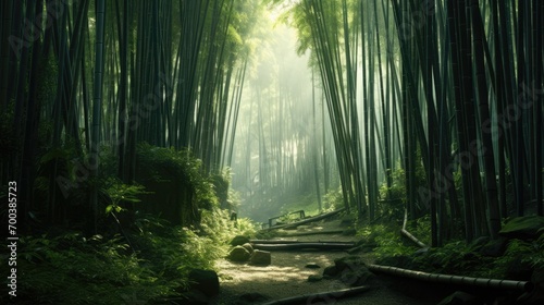 A serene bamboo forest with tall, slender stalks. © Galib