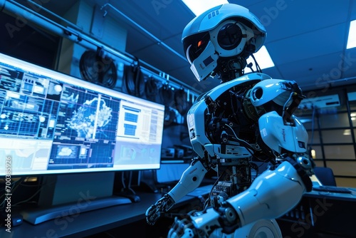 A robotic enforcer in a cyber incident response room, tapping into defense systems to orchestrate a symphony of antivirus measures, the air crackling with digital vigilance. photo