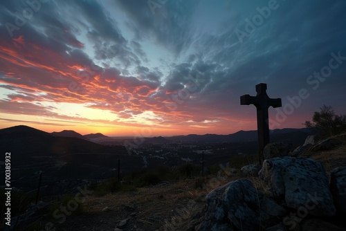 A serene twilight envelopes Golgotha, with the sky gently cradling the holy cross in a display of celestial compassion and the promise of salvation.