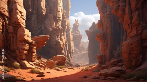 A rugged canyon with towering rock formations.