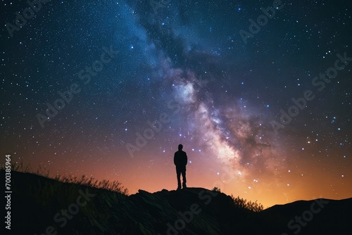 Leinwand Poster A solitary figure stands beneath a vast, starlit sky, hands clasped in prayer, reflecting on the vastness of creation and one's place within it during Ramadan