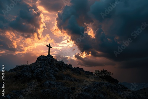 A storm retreats over Golgotha Hill, leaving behind a sky of surreal beauty, with the holy cross bathed in the afterglow of forgiveness and rebirth.