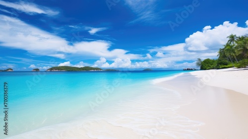 A pristine beach with powdery white sand and crystal-clear waters.