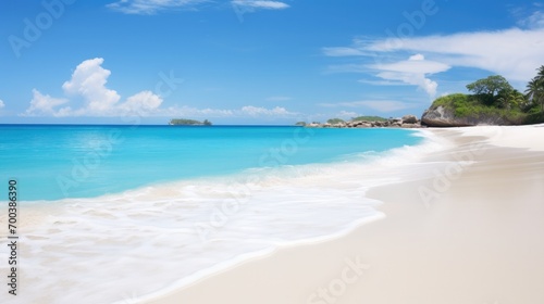 A pristine beach with powdery white sand and crystal-clear waters.