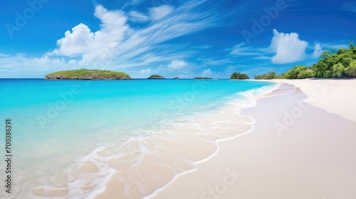 A pristine beach with powdery white sand and crystal-clear waters.