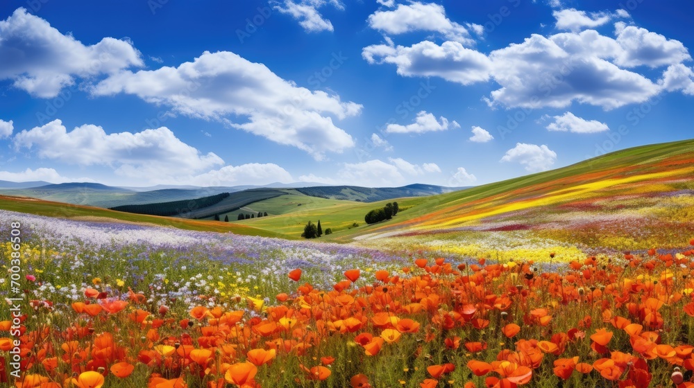 A picturesque countryside dotted with colorful wildflowers.