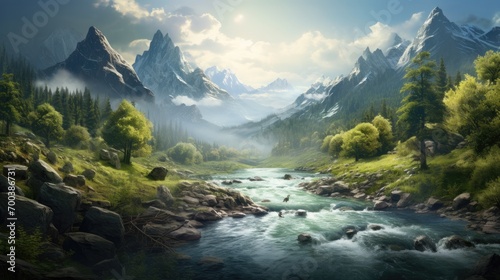 A peaceful river winding through a lush valley.