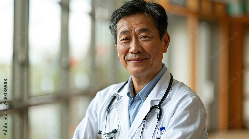 Asian male doctor in lab coat professional style portrait with copy space 