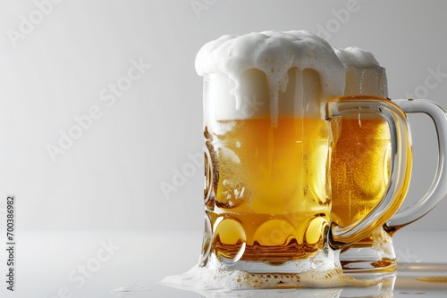 Beer glasses touching at the rim, with a delicate spray of beer foam rising against a stark, solid white background photo