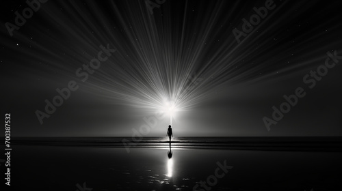 Une silhouette de femme marche sur la plage en se dirigeant vers la lumière qui illumine l'horizon au-delà de l'océan