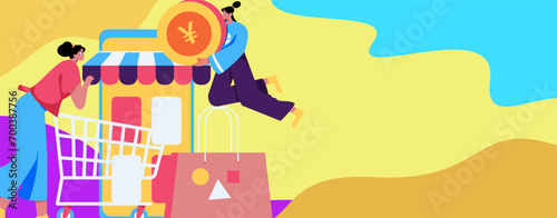 Holiday shopping people doing e-commerce online shopping flat vector concept operation hand drawn illustration
