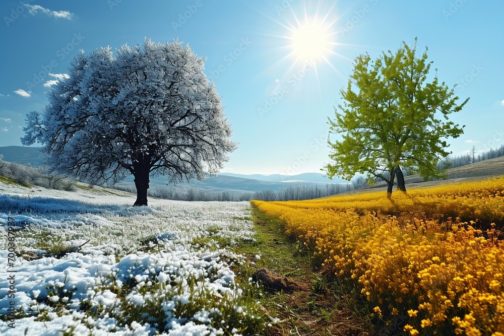Winter and spring landscape with blue sky. Concept of change season. generative ai Winter and spring landscape with blue sky. Concept of change season. generative ai