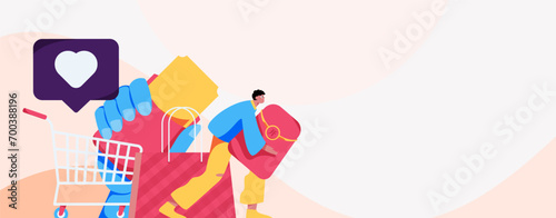 Holiday shopping people doing e-commerce online shopping flat vector concept operation hand drawn illustration
