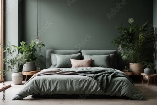 Nordic interior home design of modern bedroom with bed and empty wall with copy space photo