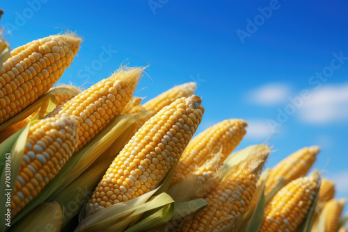 Rows of maize standing tall against the backdrop of a clear blue sky, representing the staple crop's significance in global food production. Generative Ai.