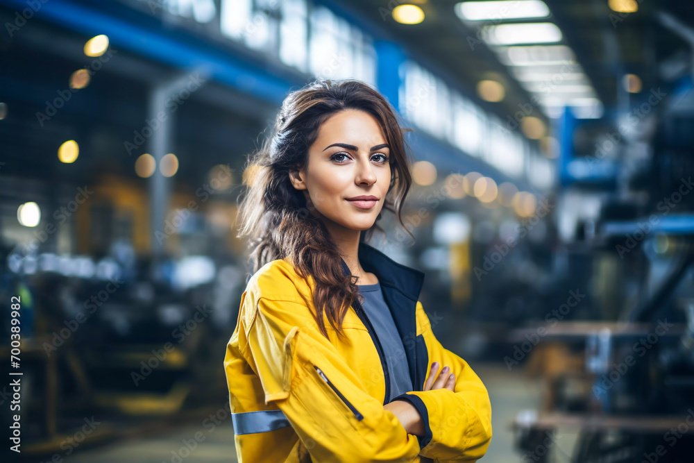 Portrait of a young woman production manager on the shop floor female automated factory manager warehouse manager for industrial and environment equipment - obrazy, fototapety, plakaty 