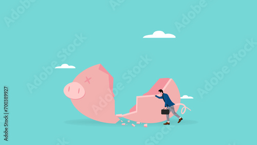 sad businessman with broken piggy bank. financial mistake, businessman with financial crisis and bankruptcy of company, finance economy fall down, bankruptcy concept flat vector illustration