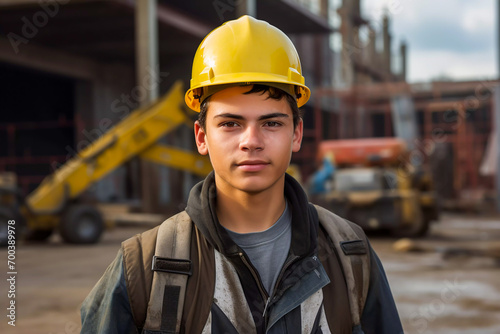 Portrait of a young male construction apprentice on a building site with heavy machinery young skilled building worker in yellow hard hat and safety clothes photo
