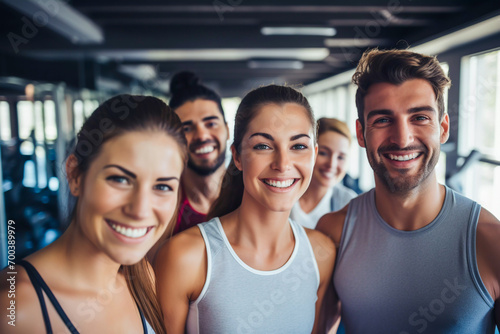 Portrait of a group fit looking friends at the gymnasium girls  guys working out at the gym health and fitness wellbeing mind and body concept muscular friends at the health club photo