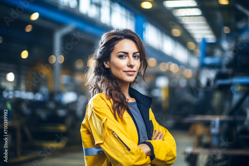 Portrait of a young woman production manager on the shop floor female automated factory manager warehouse manager for industrial and environment equipment photo